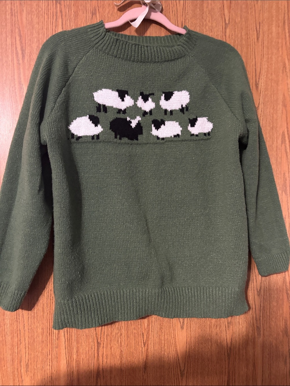 Olive Green Crewneck Sweater with Sheep Intarsia